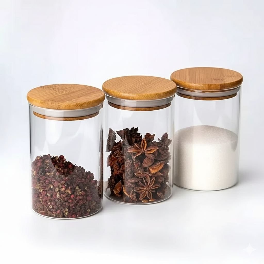 Contenedor x 5 plastico con tapa en bambu